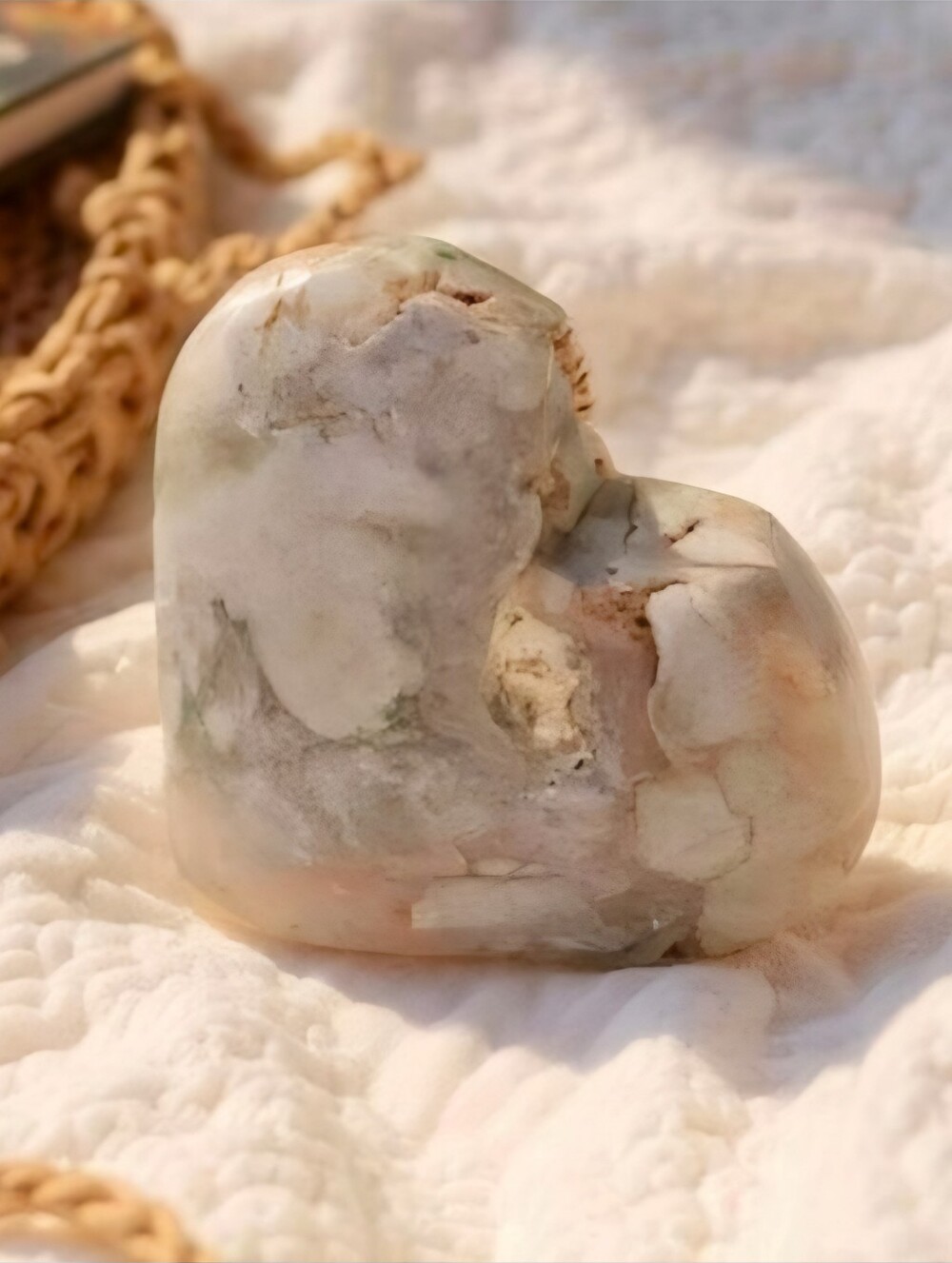 Hand Crafted Cherry Blossom Agate Heart Palm Stone Green White Crystal 45mm NWT